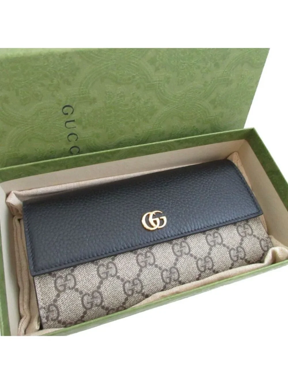 Gucci Double G GG Supreme Leather Beige Black Bifold Wallet